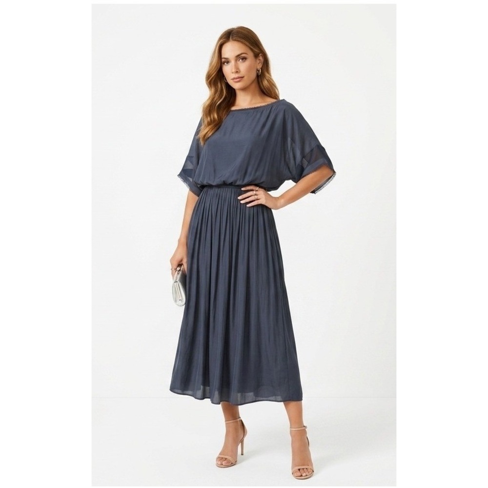 Ramy Brook Midi Dress L Navy Blue Smocked Waist Pleated Boat Neck Quiet Luxury